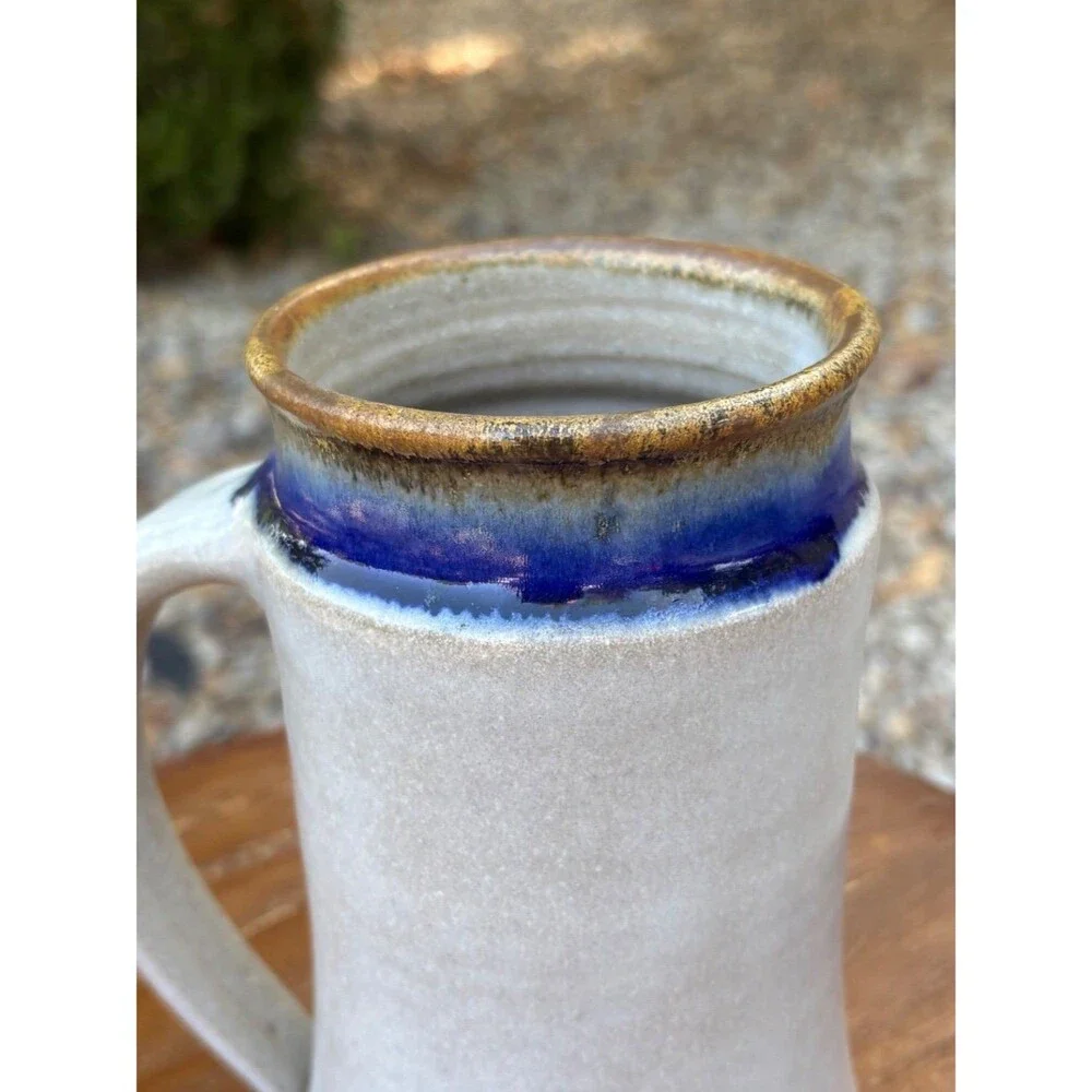 Handmade Studio Pottery Stoneware Pitcher White Blue Brown Glaze Signed